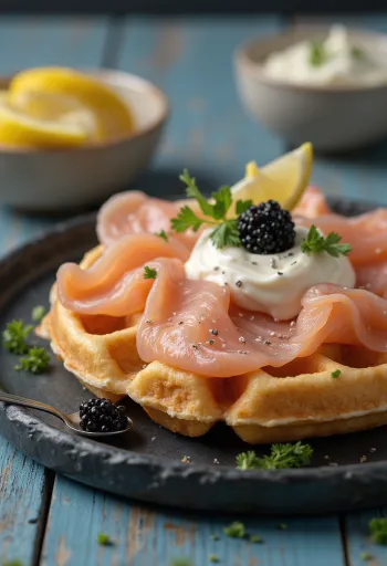 Gofre me Salmon të Tymosur dhe Havjar e servirur