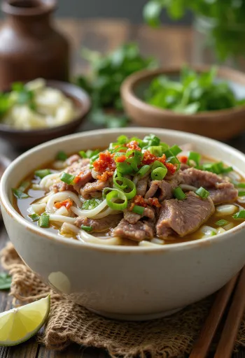 Supë Pho me mish viçi me lëng të nxehtë, barishte të freskëta dhe lime