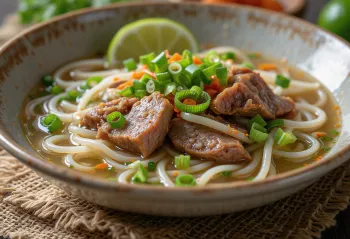 Supë Pho me mish viçi me lëng të nxehtë, barishte të freskëta dhe lime