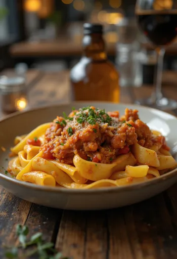 Ragu lepuri e shërbyer me makarona pappardelle dhe rozmarinë