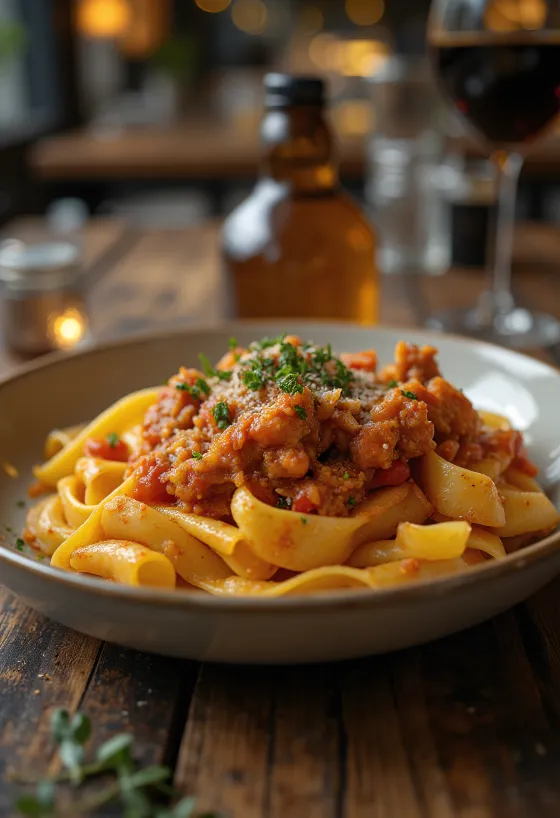 Ragu lepuri e shërbyer me makarona pappardelle dhe rozmarinë