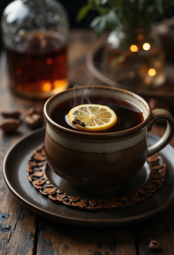Çaj me rum i shërbyer në gotë qelqi me fetë limoni
