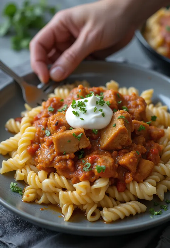 Pörkölt i shërbyer me makarona dhe ajkë