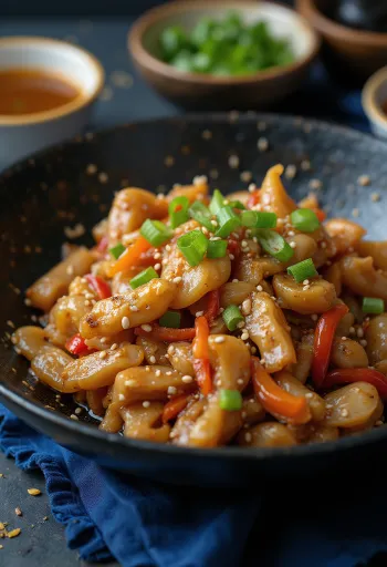 Krokodil stir-fry i shërbyer me oriz dhe perime.