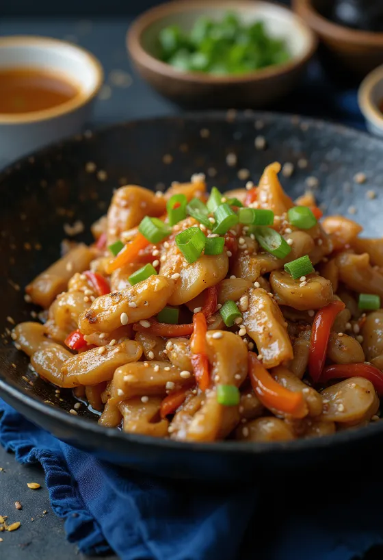 Krokodil stir-fry i shërbyer me oriz dhe perime.