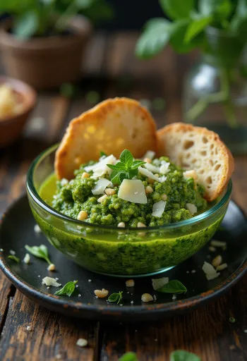 Pesto kremoze spinaqi me borzilok të freskët dhe stika pishe