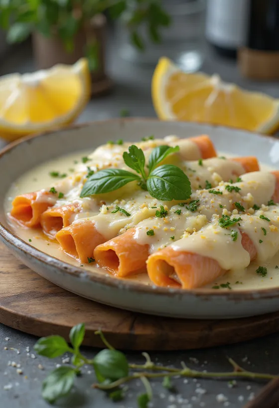 Kaneloni me salmon dhe kapar