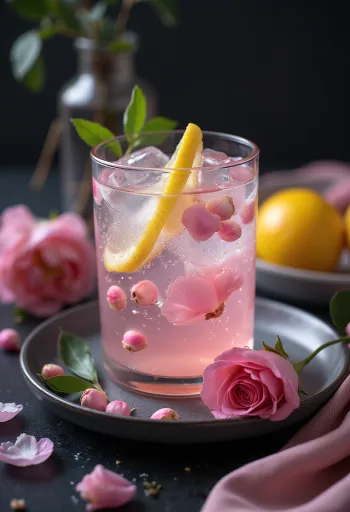 Limonadë me ujë trëndafili e shërbyer në gotë me akull dhe petale