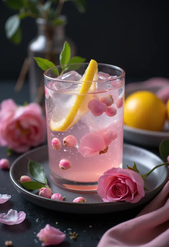 Limonadë me ujë trëndafili e shërbyer në gotë me akull dhe petale