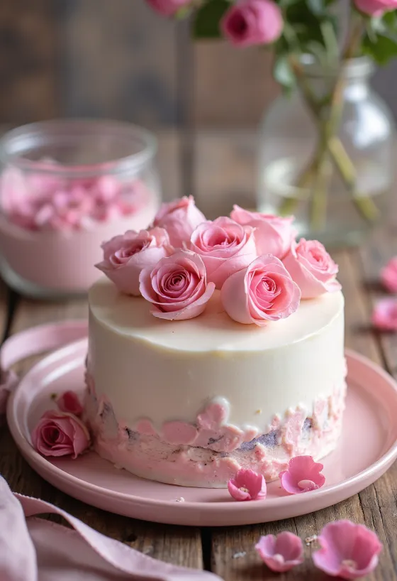 Torta me trëndafila për Shën Valentin me veshje fondanti të bardhë dhe petale trëndafili