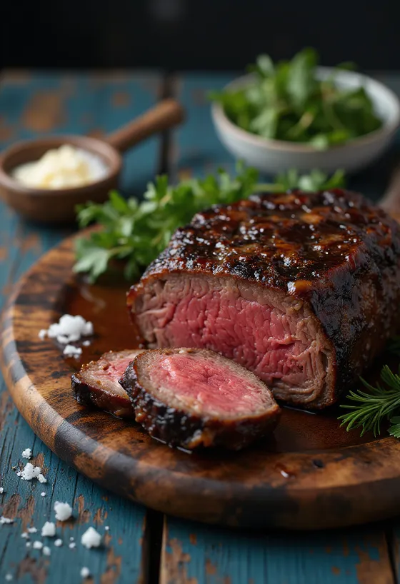 Biftek BBQ i shërbyer me lëng