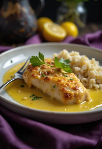Pulë me limon e servirur me feta limoni të freskët dhe erëza.
