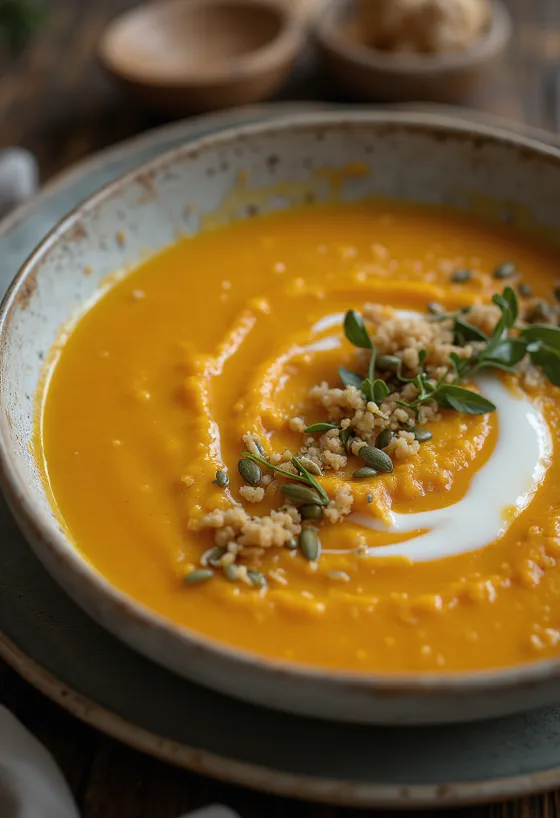 Supë krem me patate të ëmbël dhe xhenxhefil në tas