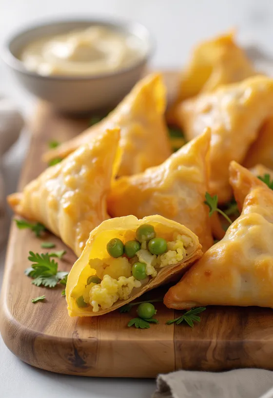 Samosa me lulelakër dhe bizele e servirur