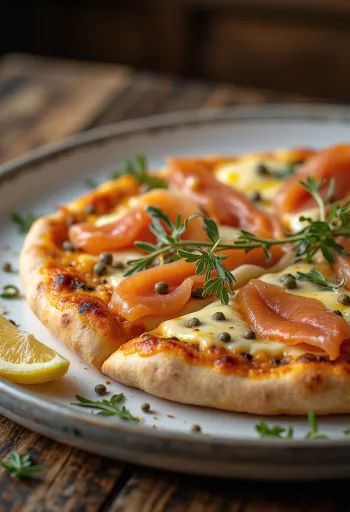 Pizza à la Norvégienne me salmon të tymosur, kaperi dhe ajkë