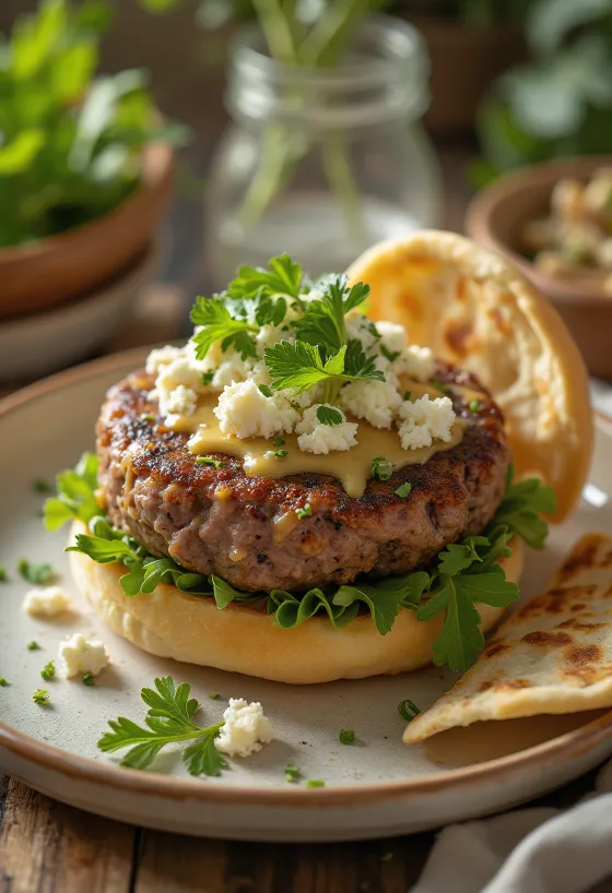 Hamburger i Lindjes së Mesme me salcë tahini dhe qofte mishi qengji