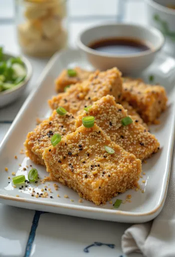 Tofu e pjekur me kore susami, e pjekur në ngjyrë të artë dhe krokante, e shërbyer me perime të freskëta.