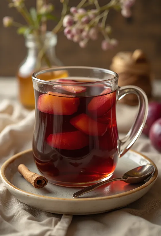 Çaj i nxehtë me kumbulla i shërbyer në gotë qelqi