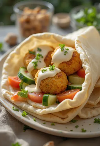 Falafel në pita me perime të freskëta dhe salcë tahini