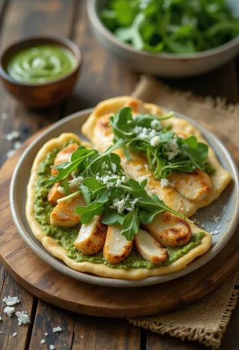 Piadina me pulë, rukola dhe pesto e servirur
