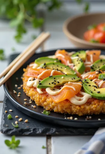 Pizza Sushi me bazë orizi japonez, salmon dhe avokado