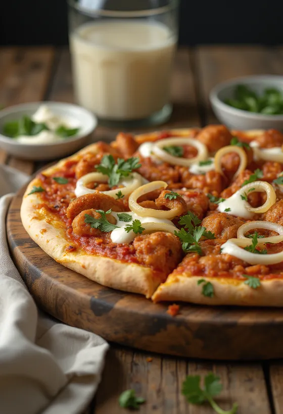 Pizza Tandoori chicken me erëza indiane dhe koriandër