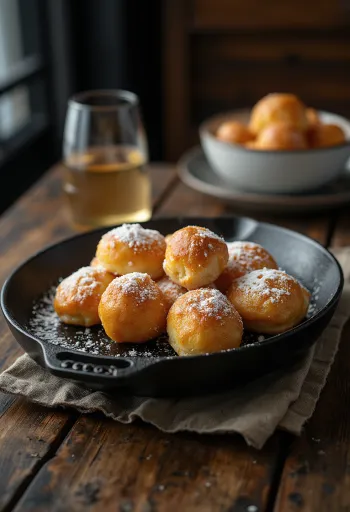 Petulla sferike daneze Æbleskiver të spërkatura me sheqer pluhur