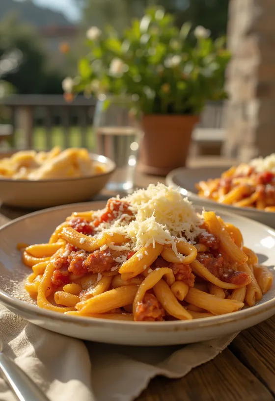 Makarona me patëllxhan servuar me salcë të lëngshme domatesh dhe borzilok të freskët