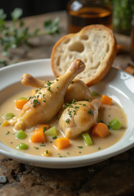 Pulë e zier në salcë perimesh, servuar me majdanoz të freskët