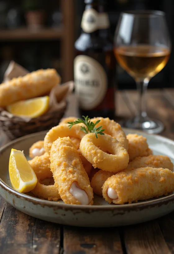 Kallamarë të skuqur me mish derri, në panaturë krokante me limon dhe majdanoz