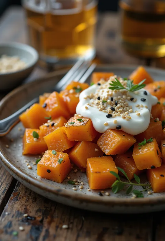 Patate e ëmbël e pjekur me salcë hudhre, e shërbyer me majdanoz të freskët.