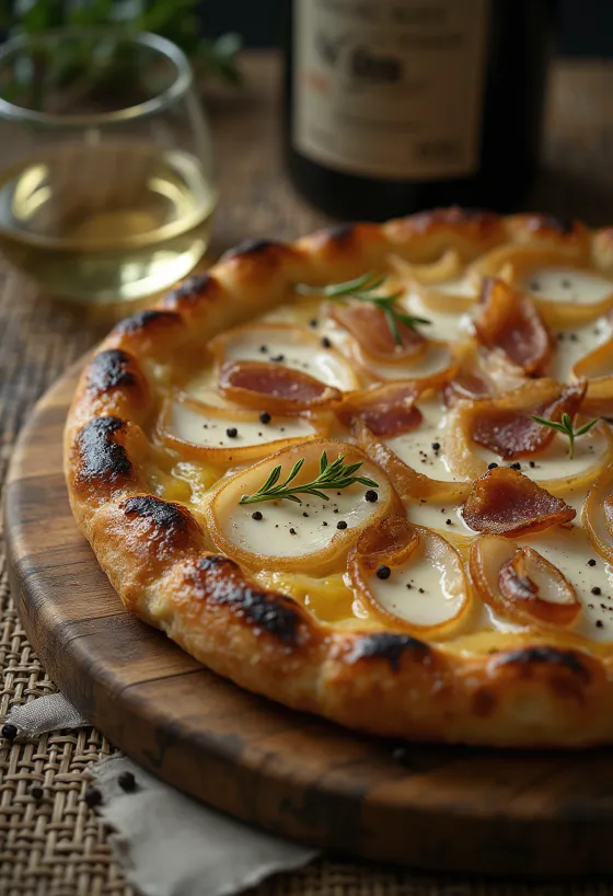 Tarte flambée me ajkë, qepë dhe pançetë