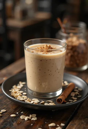 Smoothie me tërshërë në gotë të lartë, e zbukuruar me tërshërë dhe kanellë