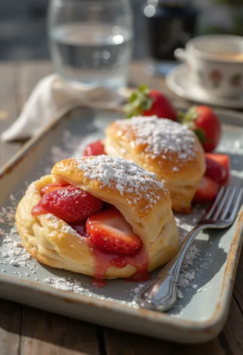 Strudel i freskët me luleshtrydhe, krokant dhe i spërkatur me sheqer pluhur