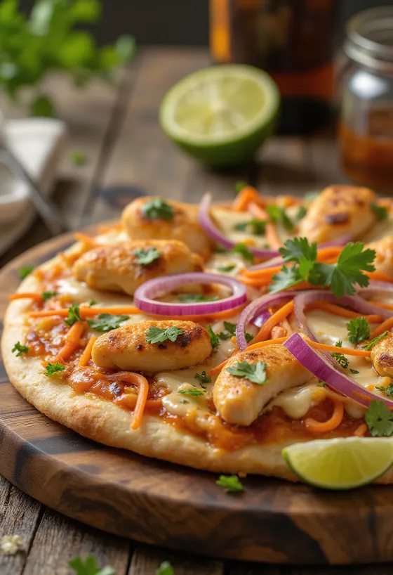 Pizza Thai chicken me salcë kikiriku dhe koriandër