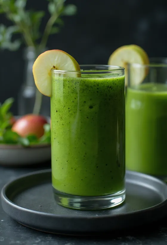 Smoothie jeshil në gotë të lartë, i zbukuruar me perime dhe fruta të freskëta