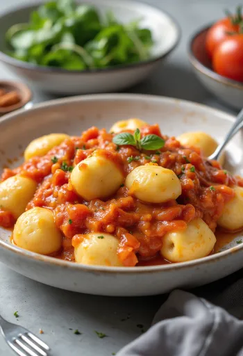 Njoki vegane me salcë domatesh të shërbyera