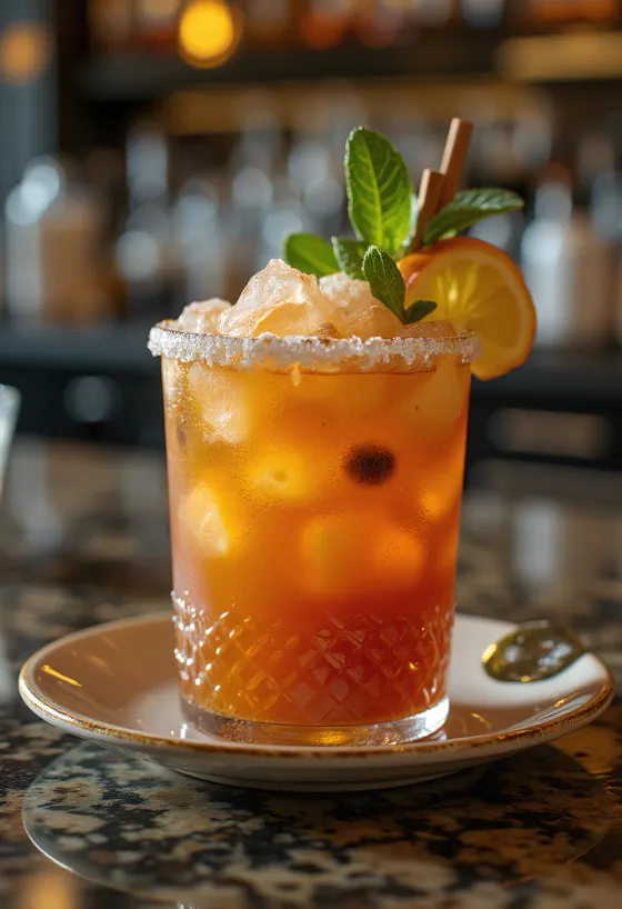 Koktej Zombie i zbukuruar me gjethe menteje dhe fetë portokalli