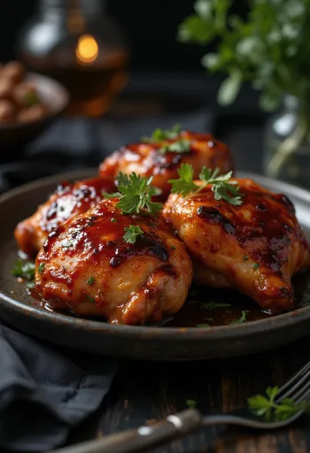 Kofshë pule BBQ të pjekura në furrë, shërbyer me patate të pjekura