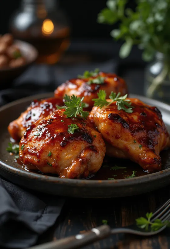 Kofshë pule BBQ të pjekura në furrë, shërbyer me patate të pjekura