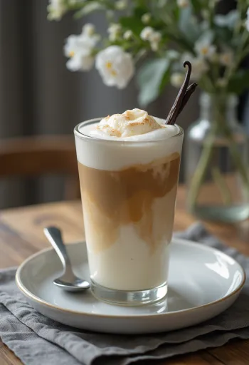 Latte me vanilje e shërbyer e freskët në gotë të lartë