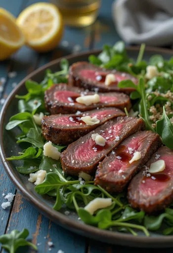 Tagliata di manzo me rukola dhe parmixhan e shërbyer