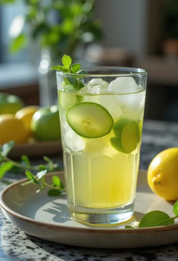Cider i ftohtë me mollë jeshile i shërbyer në gotë me akull