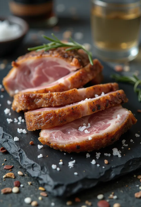 Iberico pork secreto e shërbyer me feta limoni dhe perime të pjekura.
