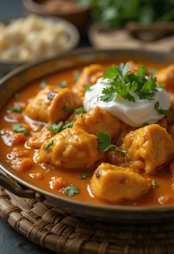 Pule tikka masala në salcë kremoze domatesh, zbukuruar me koriandër të freskët