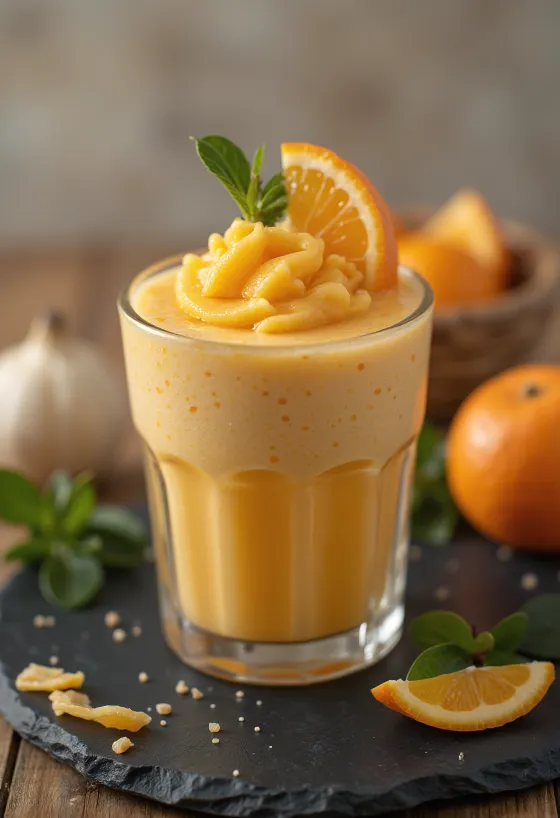 Smoothie me portokall dhe mente në gotë