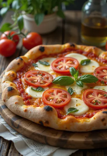 Pica Caprese me domate të freskëta, mocarela dhe borzilok