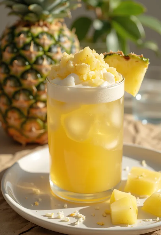 Musht molle me ananas dhe kokos i servirur në gotë