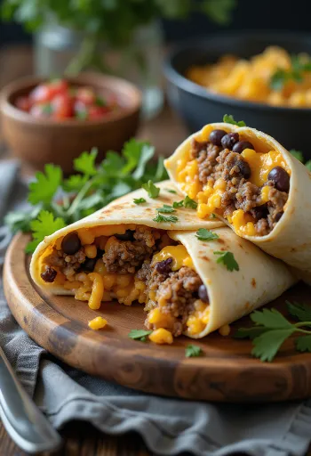 Burrito meksikan në rrotull tortille, mbushur me oriz, fasule, dhe mish viçi