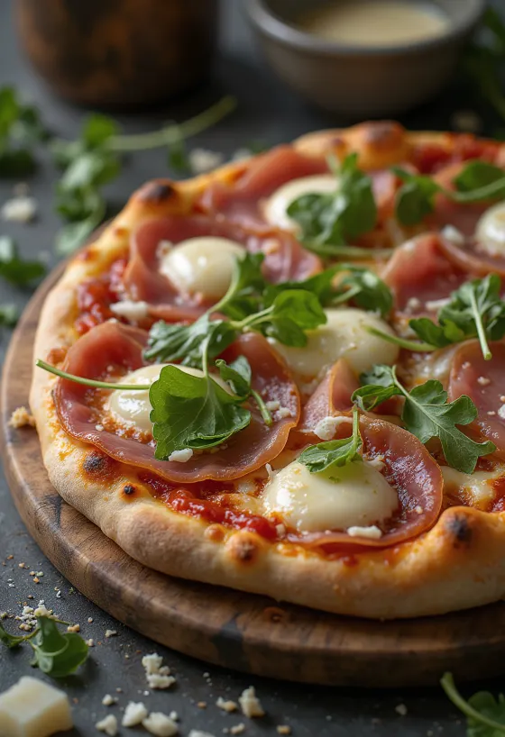 Pica al Prosciutto Crudo e shërbyer me proshutë parma dhe rukola